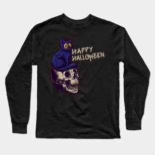 Happy Halloween Cat with Skull Costumes Long Sleeve T-Shirt